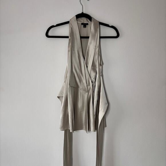 Ann Taylor Silver Grey Satin Wrap Top Sleeveless Blouse Silk Blend Size 4 AS IS - Picture 7 of 16